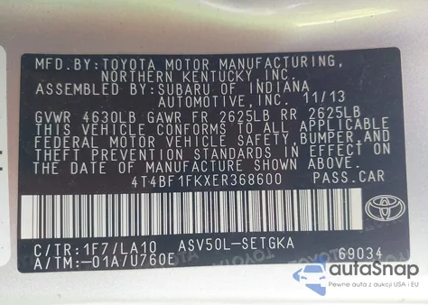 2014 Toyota Camry Xle from USA, damaged, VIN 4T4BF1FKXER368600